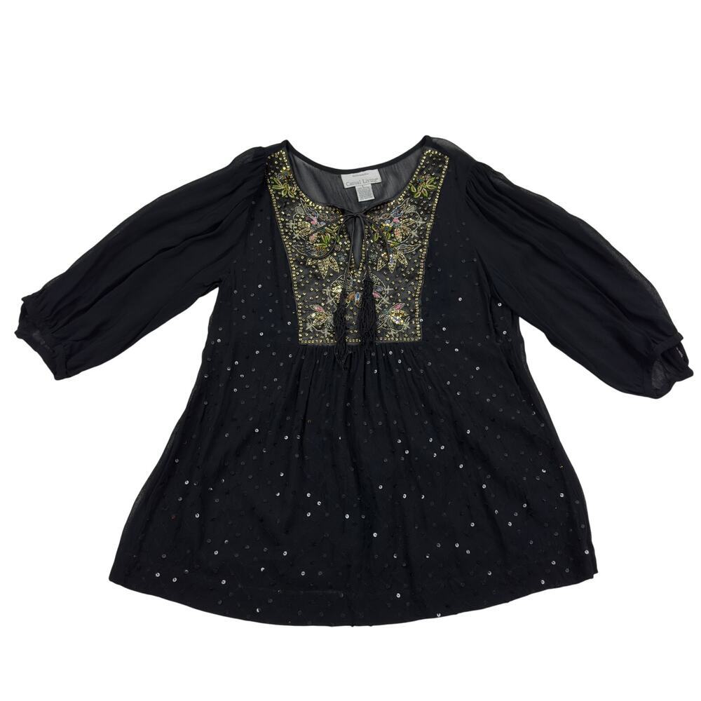 Casual Living Boho Hippie Semi-Sheer Embroidered Beaded Sequin Blouse Women's L